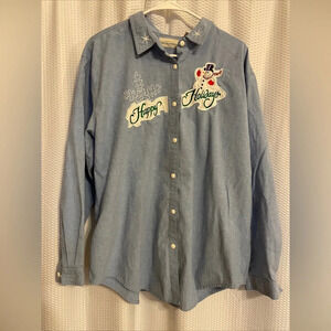 Falls Creek Denim Long Sleeve Button-Down Christmas Snowman Shirt Size 20W